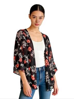WINDSOR Women's Kimono Black Orange Floral Sheer LARGE